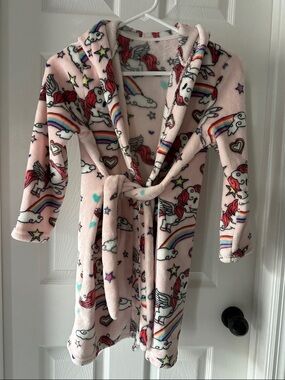 Pink Unicorn Fleece Hooded Robe with Rainbows
